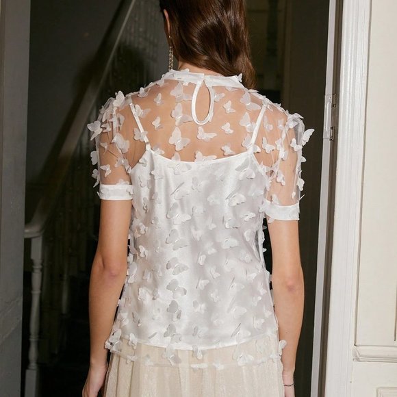 White Boho Womens Butterfly Applique Sheer Top - Picture 3 of 5